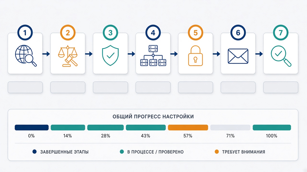 Image #2 — Инфографика этапов настройки домена: от проверки WHOIS до финальной верификации в поисковых системах