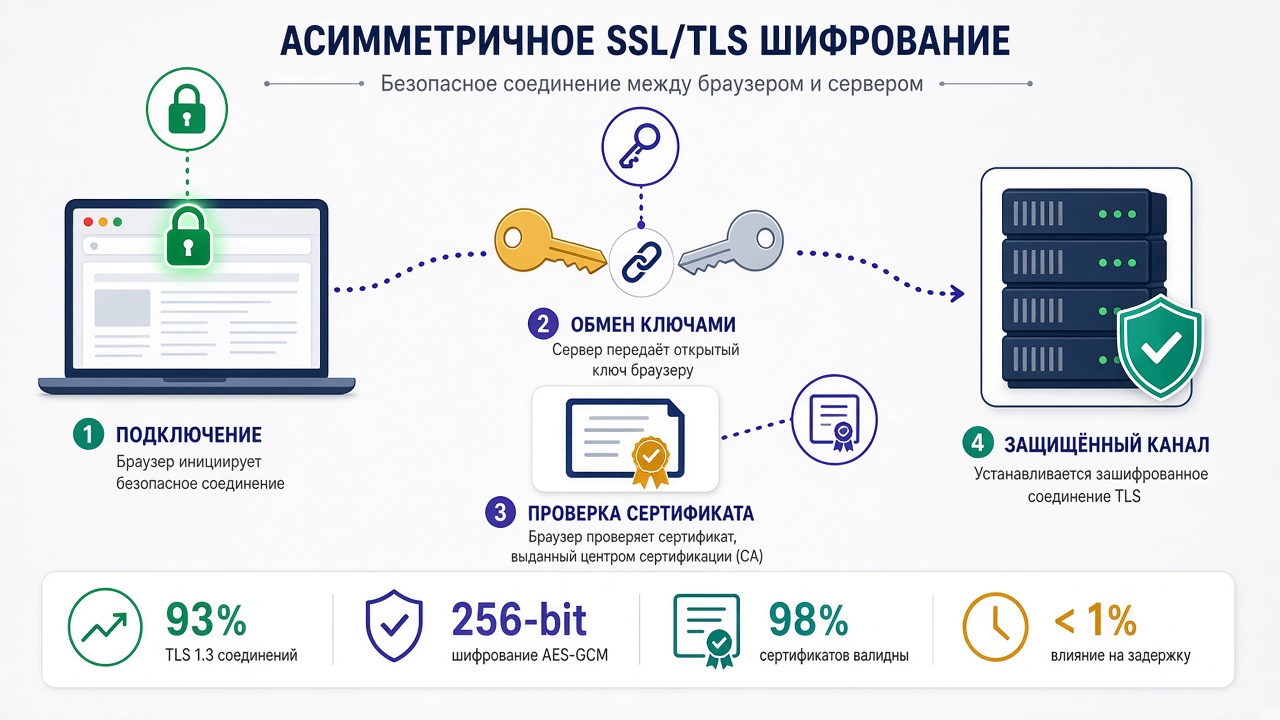 Image #1 — Инфографика процесса шифрования данных между браузером и сервером с иконкой замка и ключами