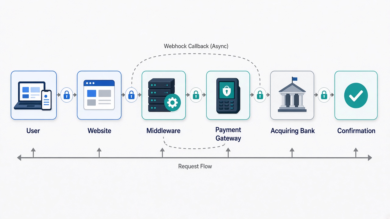 Image #1 — Схема интеграции сайта с платёжным шлюзом через API и webhook: пользователь → сайт → middleware → платёжный шлюз → банк-эквайер → подтверждение транзакции