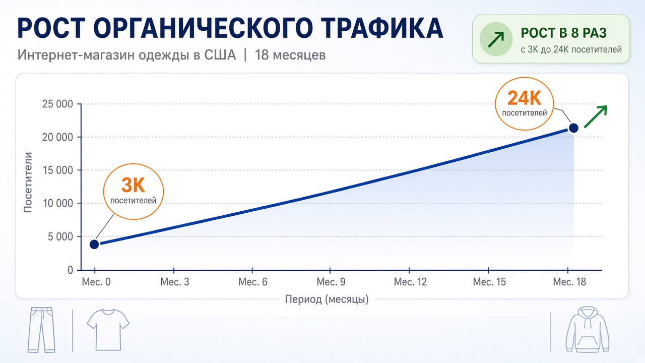 Image #4 — График роста органического трафика интернет-магазина одежды с 3 000 до 24 000 посетителей за полтора года