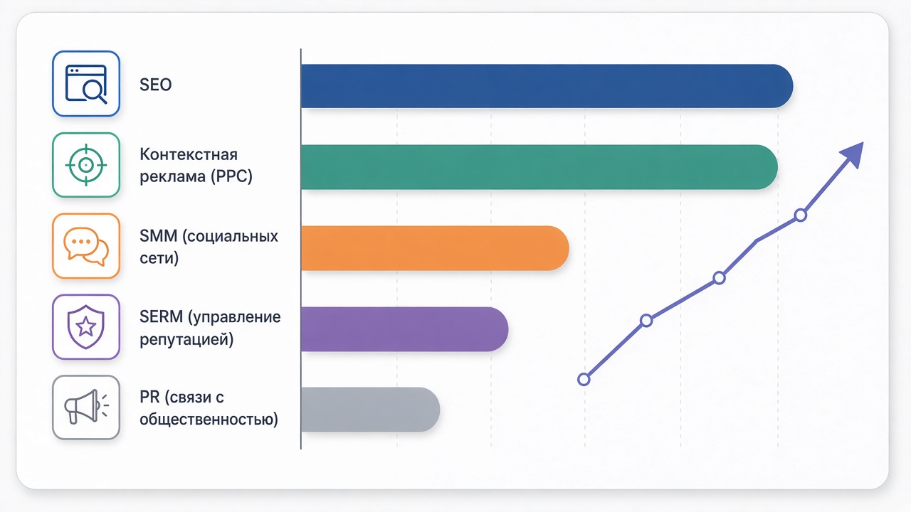 Image #3 — Диаграмма сравнения эффективности каналов интернет-маркетинга по ROI: SEO, контекстная реклама, SMM, SERM, PR
