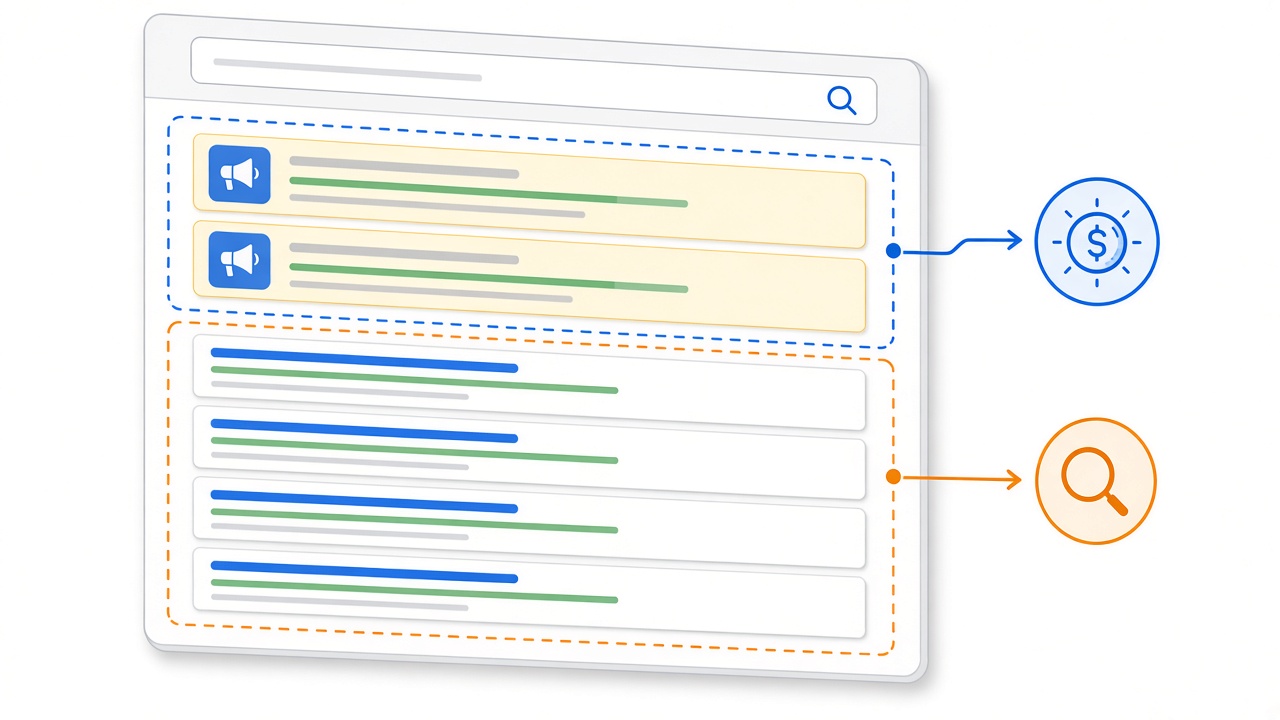 Image #1 — Схема поисковой выдачи с выделенными органическими результатами, сниппетами и рекламными блоками — иллюстрирует разницу между SEO и контекстной рекламой
