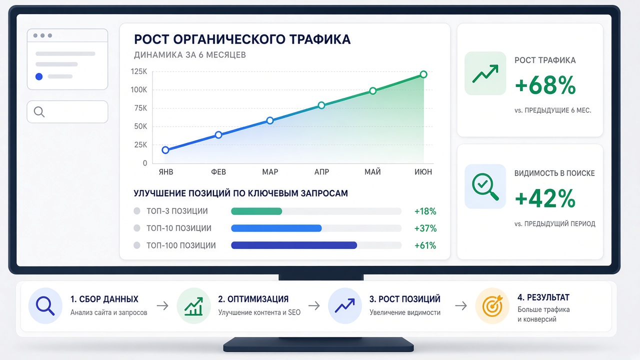 Image #4 — График роста органического трафика и позиций на примере реального кейса студии за 6 месяцев работ