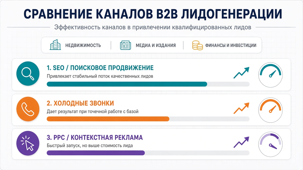 Image #3 — Сравнительная диаграмма эффективности каналов лидогенерации B2B — SEO против холодных звонков и контекстной рекламы