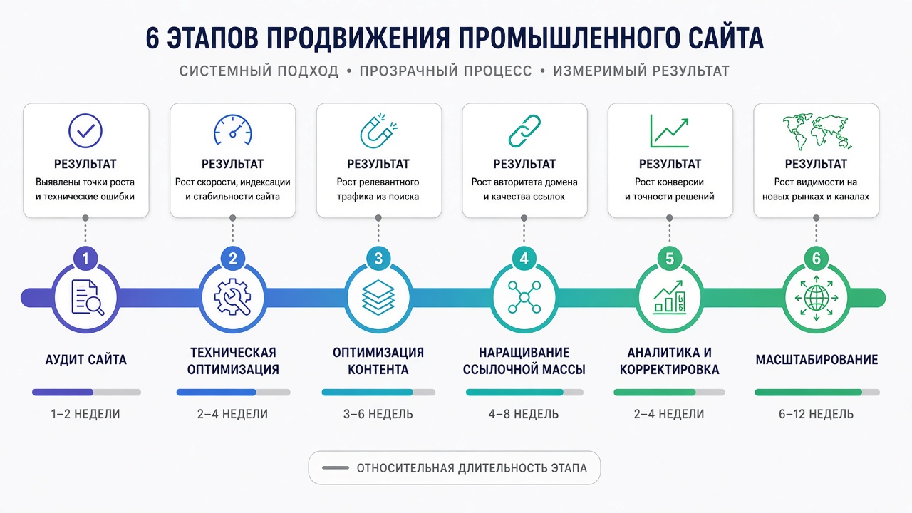 Image #2 — Диаграмма этапов продвижения промышленного сайта от аудита до масштабирования с контрольными точками