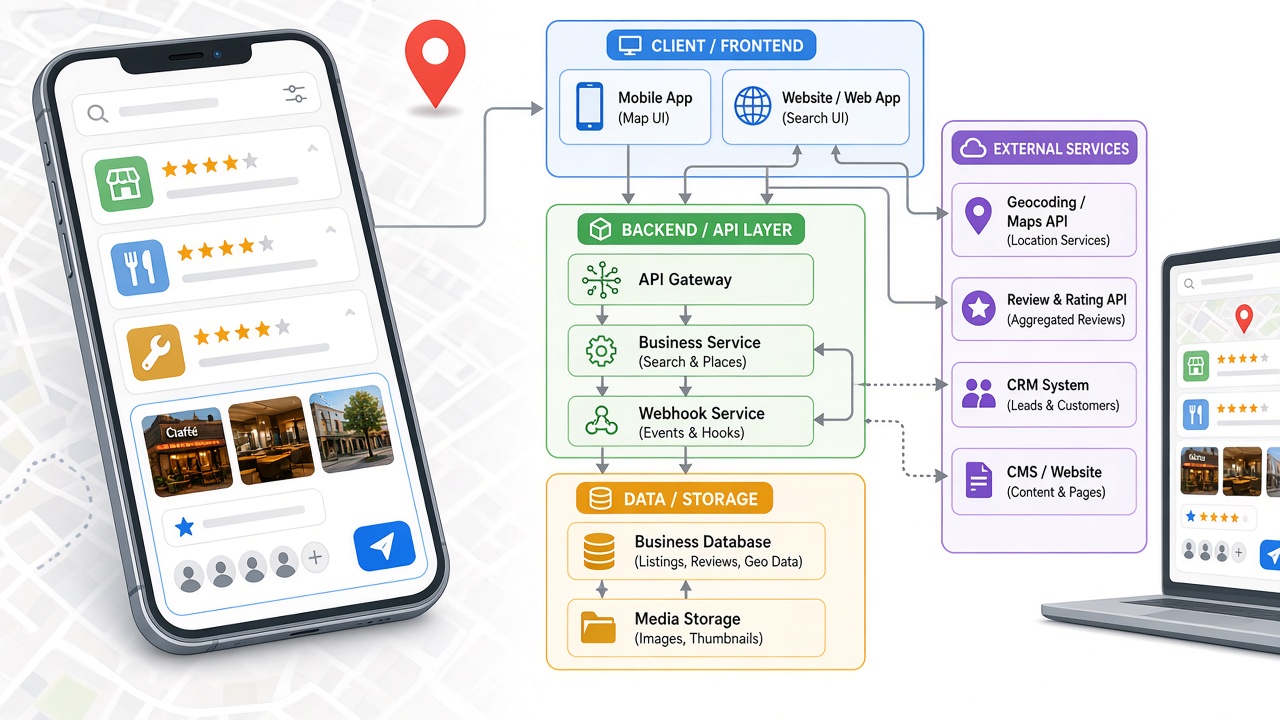 Image #1 — Скриншот интерфейса Google Maps со списком локальных компаний в выдаче и карточкой организации с отзывами, рейтингом и кнопкой «Как добраться»