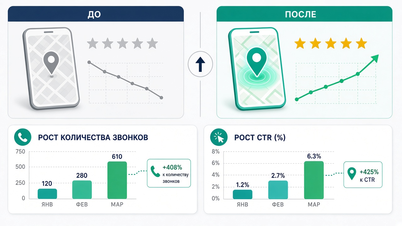Image #3 — Сравнительная таблица видимости бизнеса в Google Maps и 2ГИС до и после оптимизации с графиком роста звонков и CTR