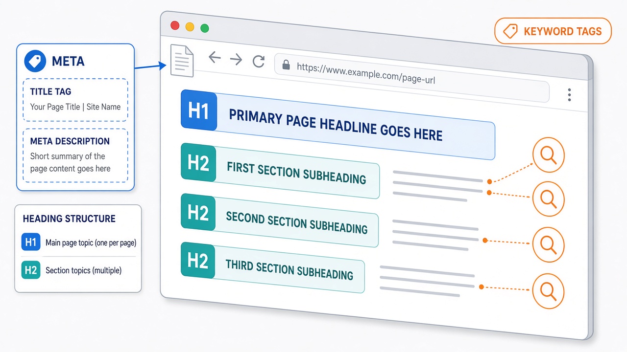 Image #1 — Схема структуры SEO-оптимизированного текста с выделенными H1, H2, мета-тегами и ключевыми словами