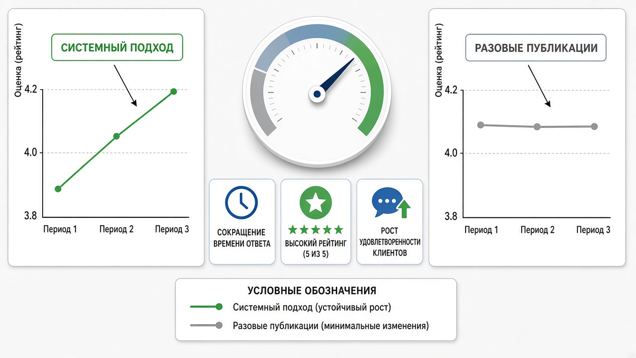 Image #3 — сравнительная диаграмма роста рейтинга при системной работе с отзывами против разовых публикаций