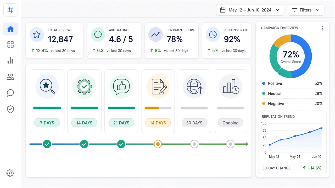 Image #2 — Инфографика этапов SERM-кампании с таймлайном от аудита до отчётности