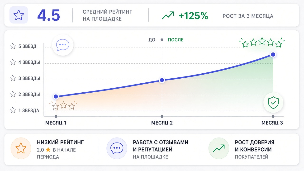 Image #4 — График динамики рейтинга компании на Яндекс.Маркете до и после SERM-кампании, рост с 2 до 4.5 звёзд за 3 месяца