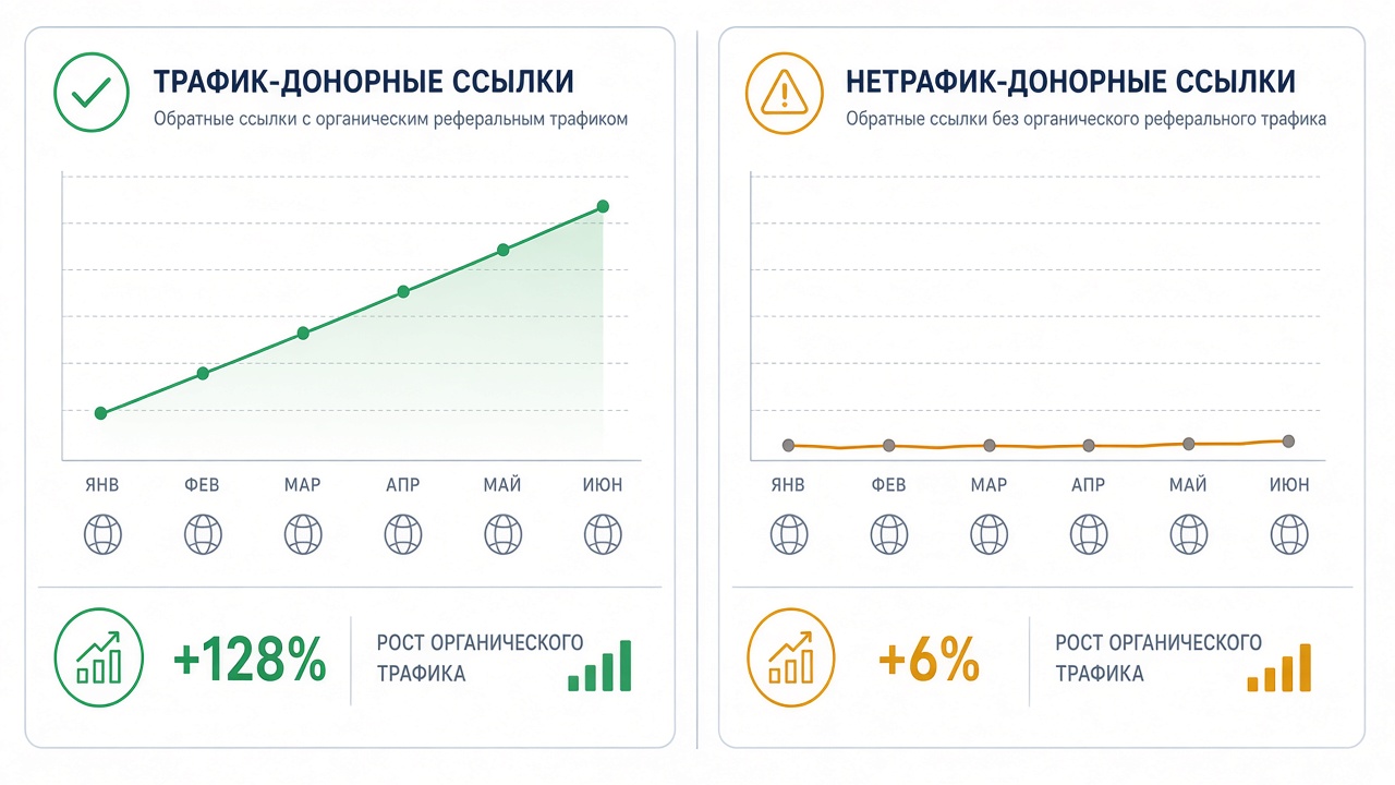 Image #3 — Сравнительная диаграмма роста органического трафика при работе с трафиковыми донорами против нетрафиковых