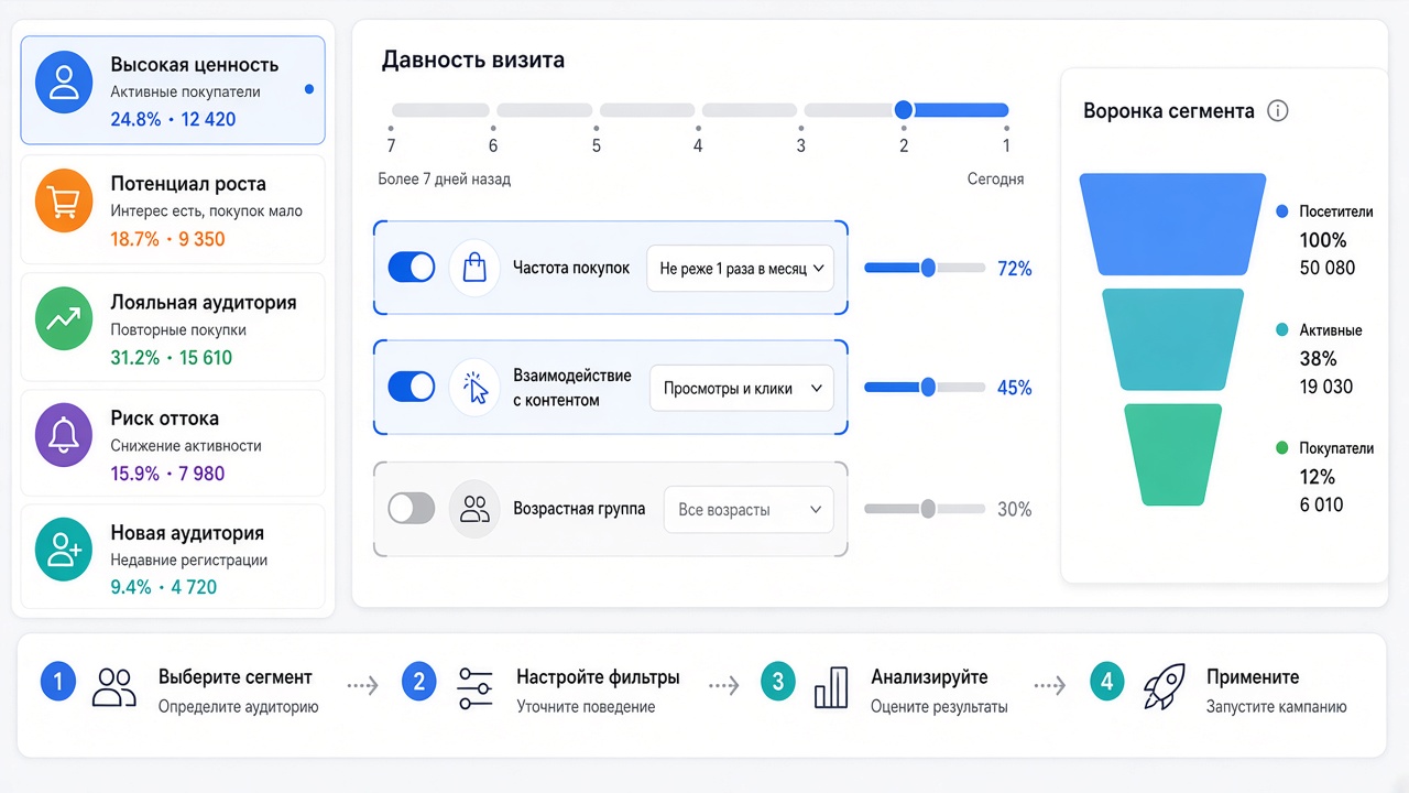 Image #2 — Интерфейс настройки сегментов аудитории в Яндекс.Метрике с выделенными поведенческими фильтрами