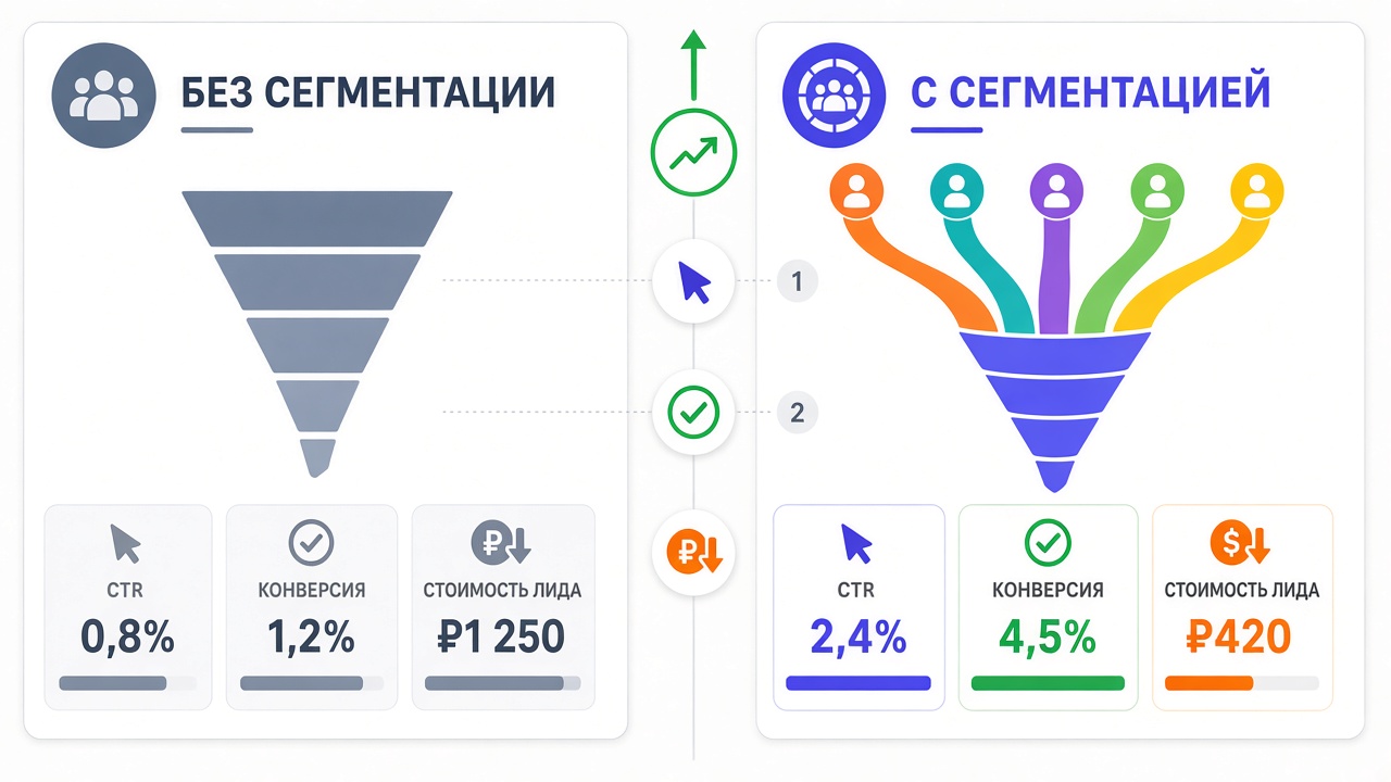 Image #3 — Сравнительная диаграмма эффективности ретаргетинга с сегментацией и без неё — CTR, конверсия, стоимость заявки