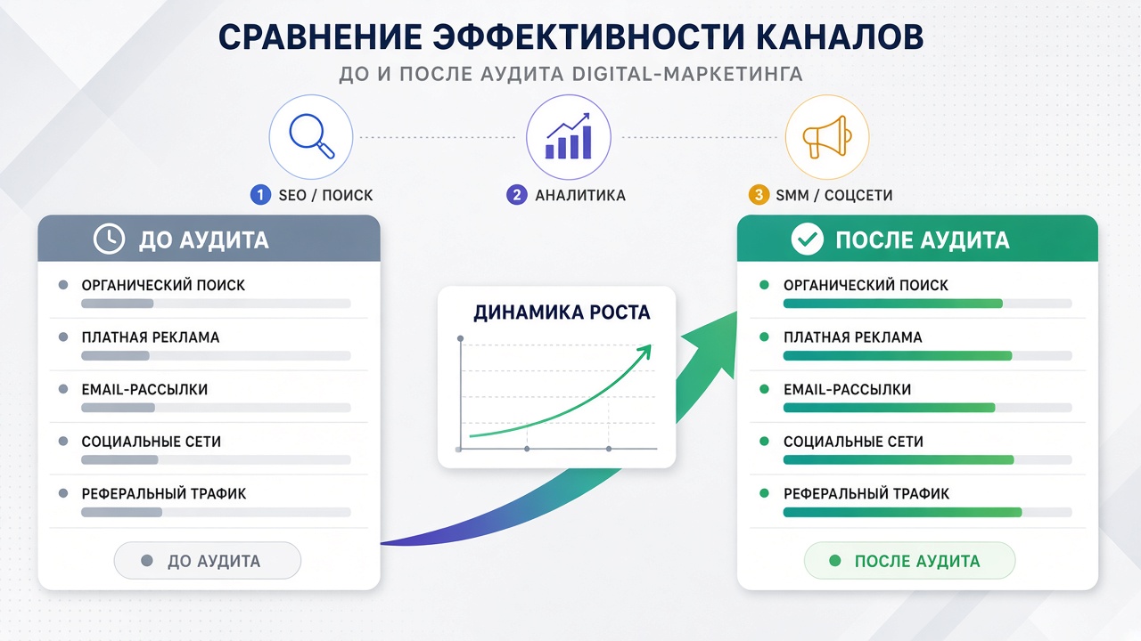 Image #3 — Сравнительная таблица эффективности каналов продвижения до и после аудита — график роста конверсии