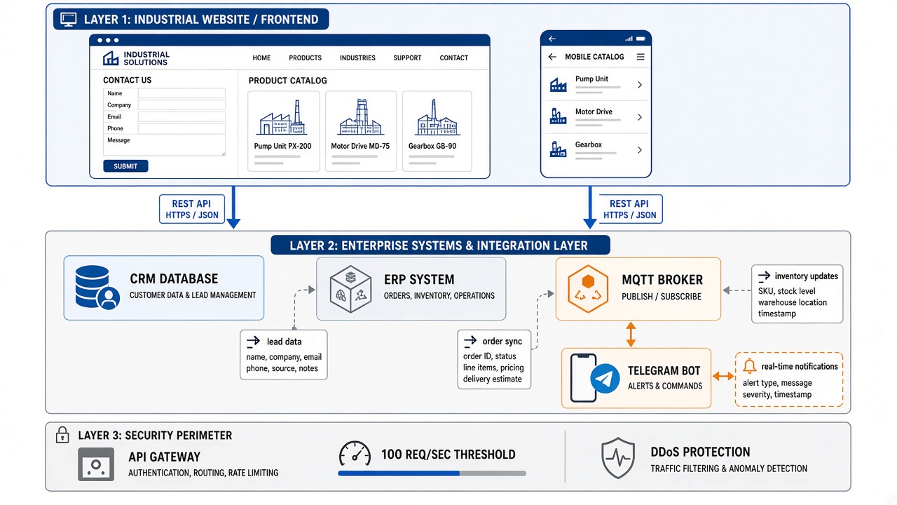 Image #1 — Схема архитектуры промышленного сайта с интеграциями CRM, ERP, MQTT-брокером и REST API