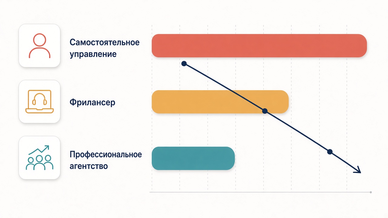 Image #3 — сравнение эффективности — график CPA при самостоятельной настройке, с фрилансером и со студией