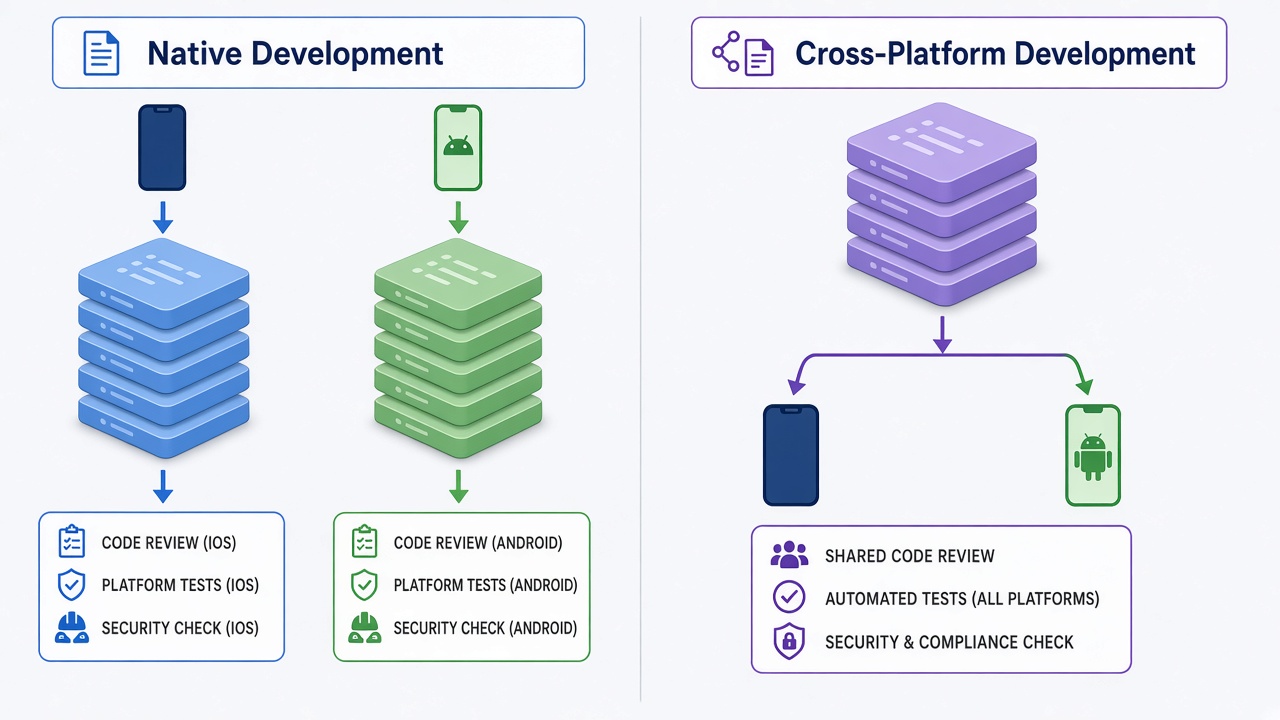 Image #1 — Схематичное сравнение архитектуры нативной и кроссплатформенной разработки — единый код против двух независимых кодовых баз