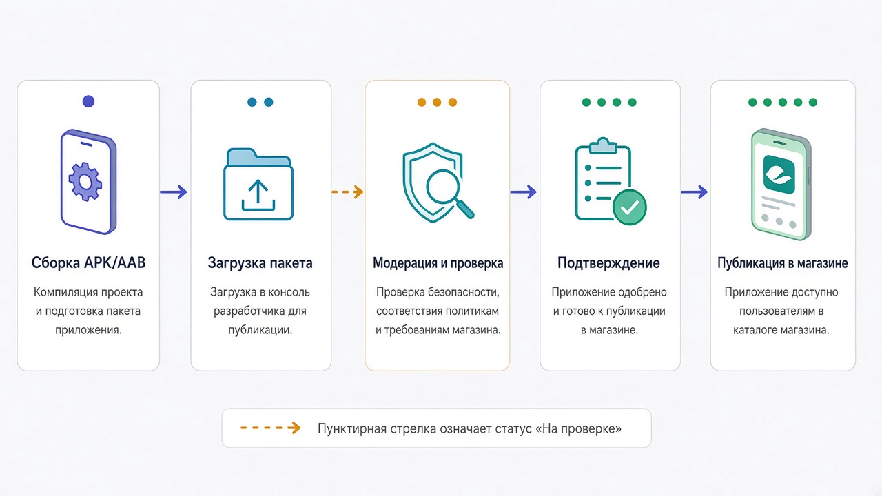 Image #1 — Схема процесса публикации приложения в RuStore — от сборки APK/AAB до загрузки и модерации