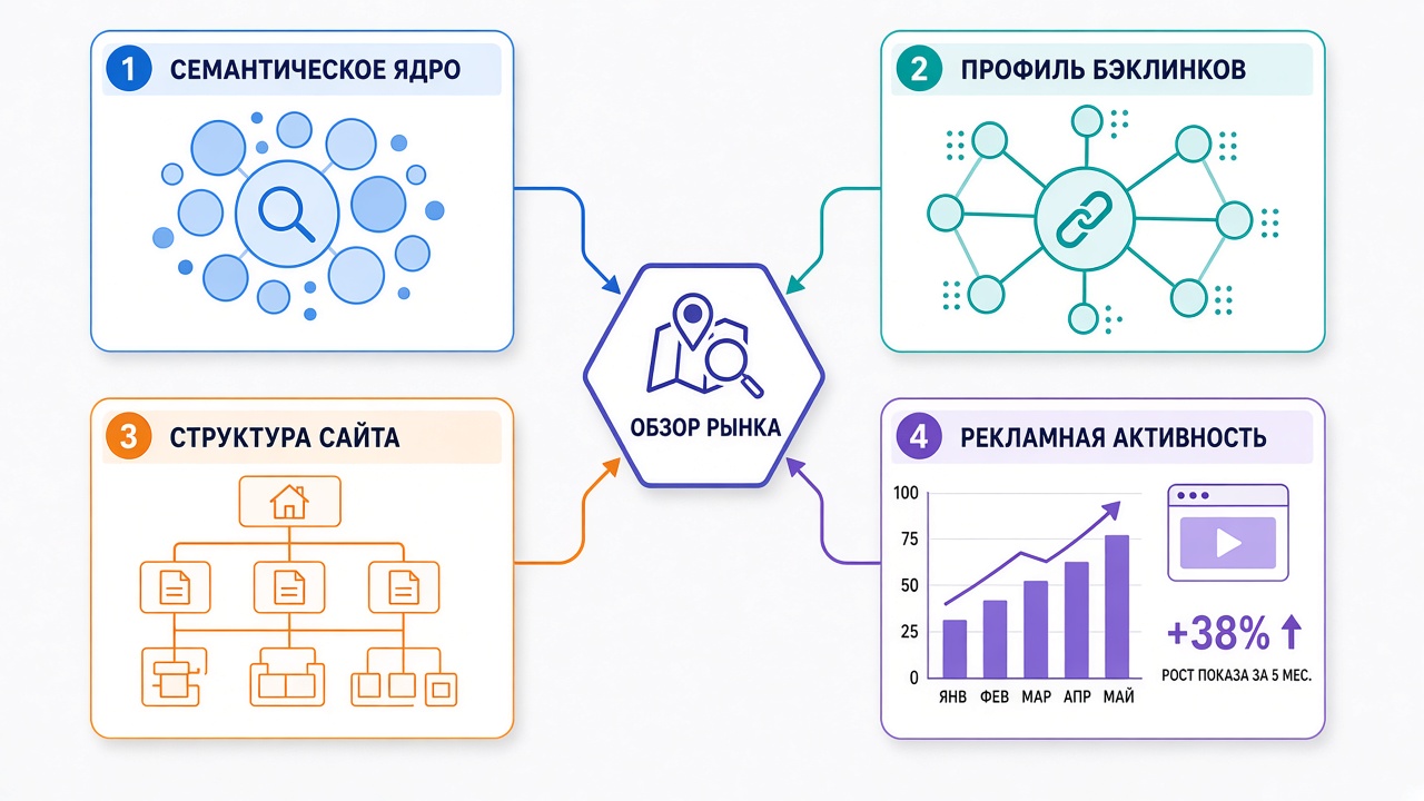 Image #1 — Инфографика-схема конкурентного анализа ниши: семантическое ядро, ссылочный профиль, структура сайта, рекламная активность — четыре блока, соединённые в единую карту рынка