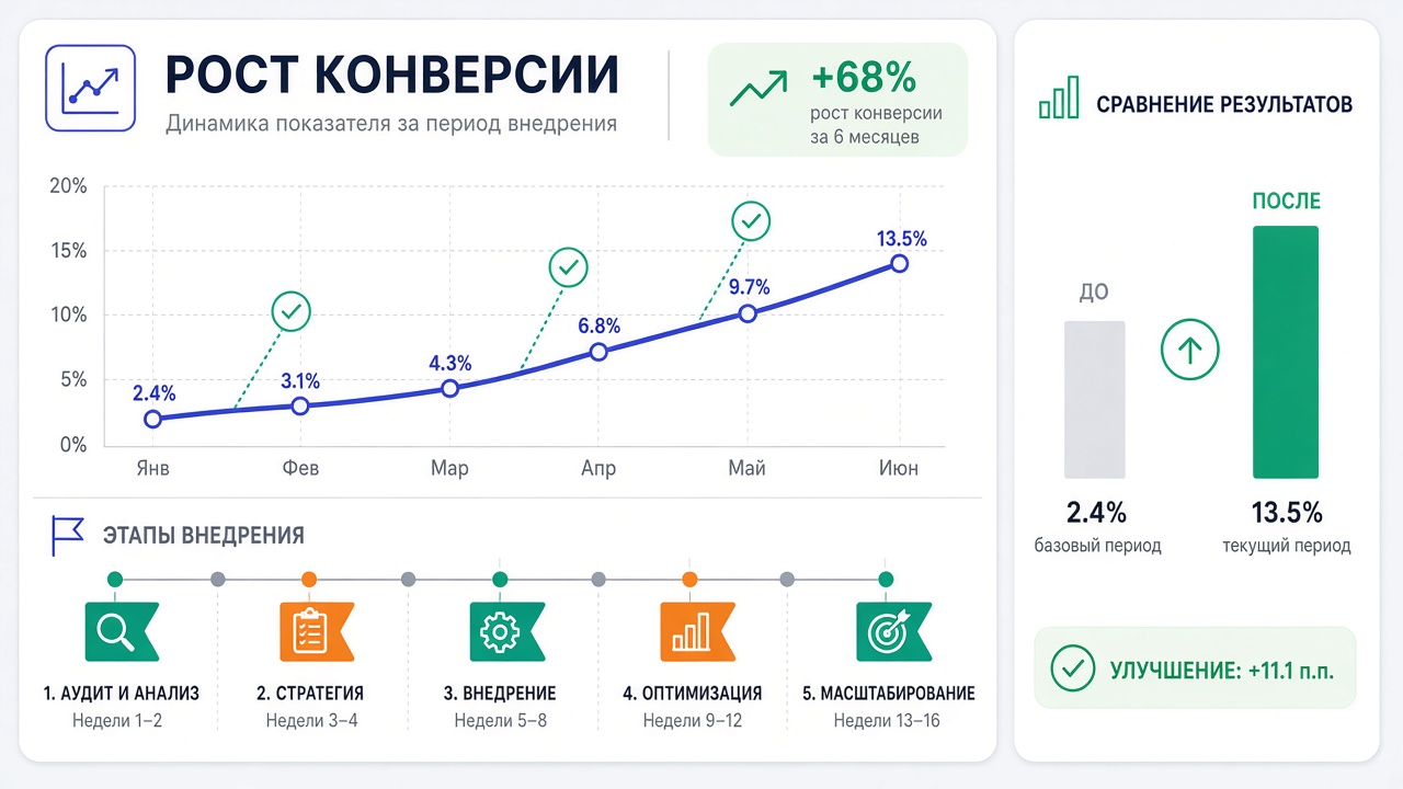 Image #4 — Пример кейса — график роста конверсии после внедрения рекомендаций юзабилити-аудита