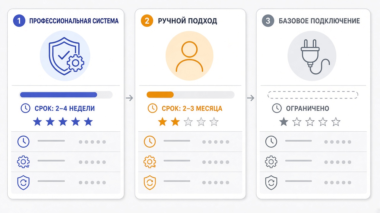 Image #3 — Сравнительная диаграмма: самостоятельная настройка против студийной интеграции по срокам и надёжности