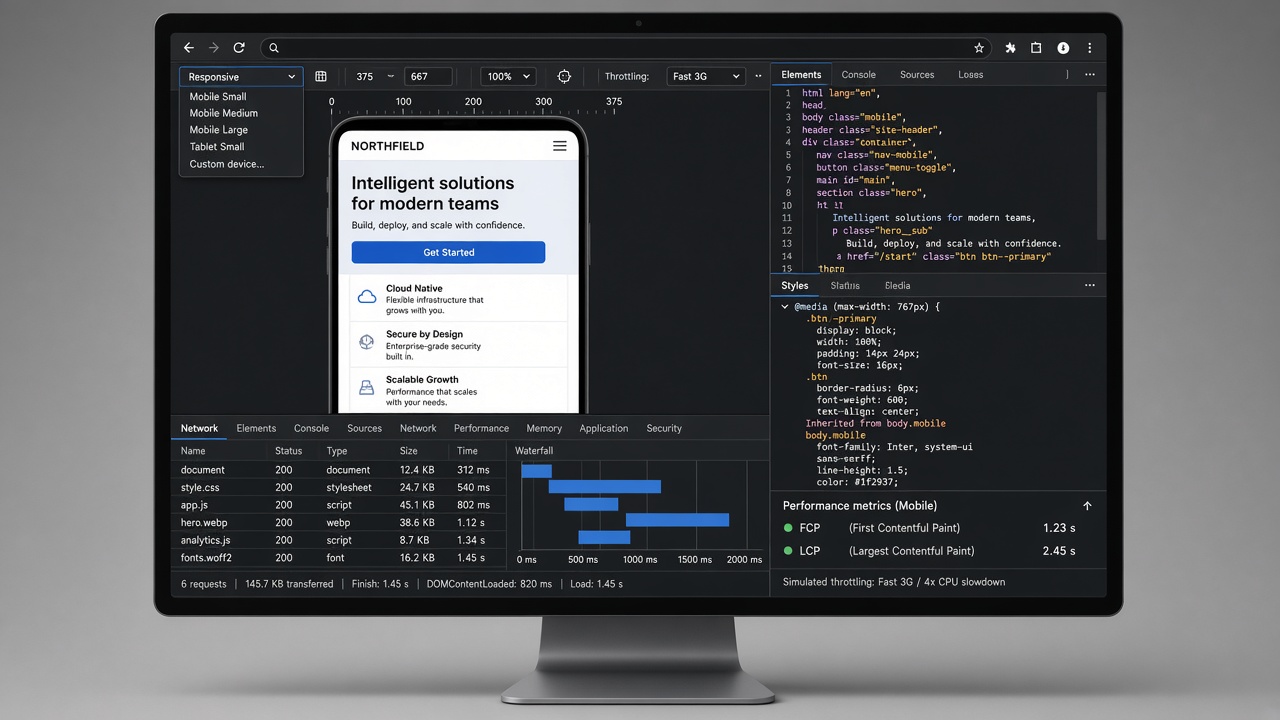 Image #4 — Скриншот эмуляции мобильного режима в Chrome DevTools с проверкой адаптивности и скорости