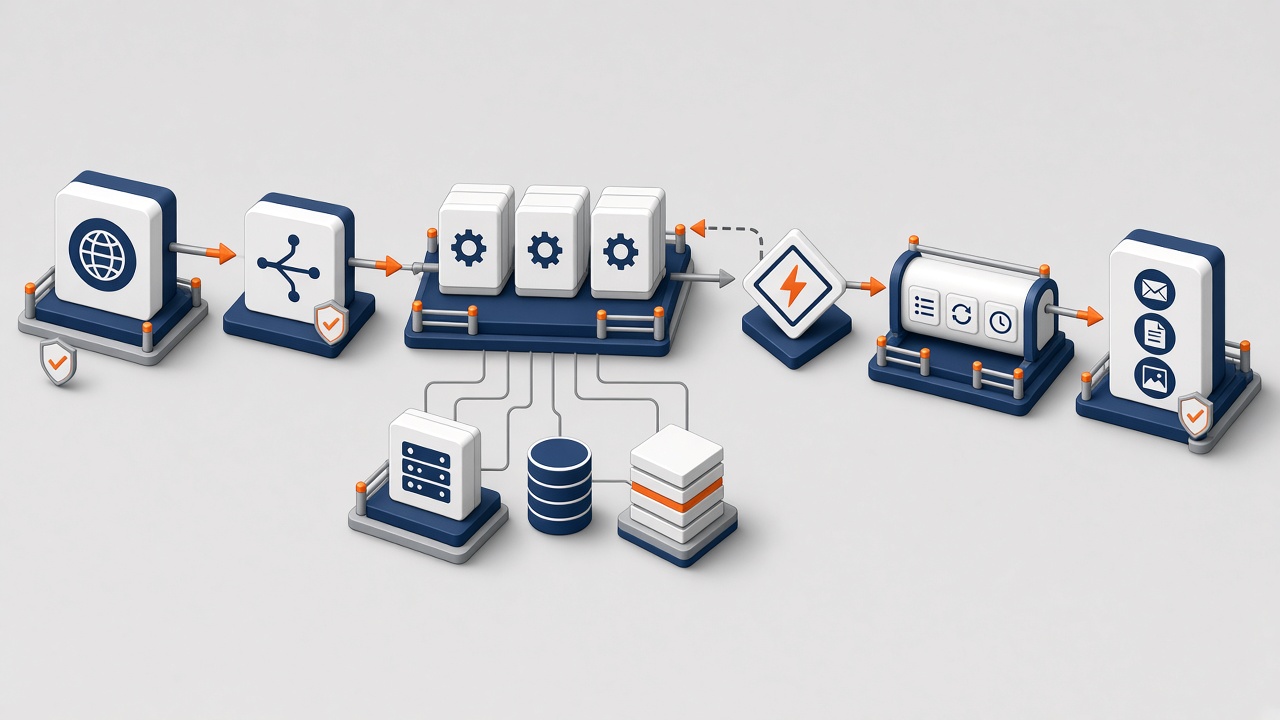 Image #1 — Архитектурная схема Laravel-приложения с блоками маршрутизации, контроллеров, моделей Eloquent, миграций, кэша Redis и очередей