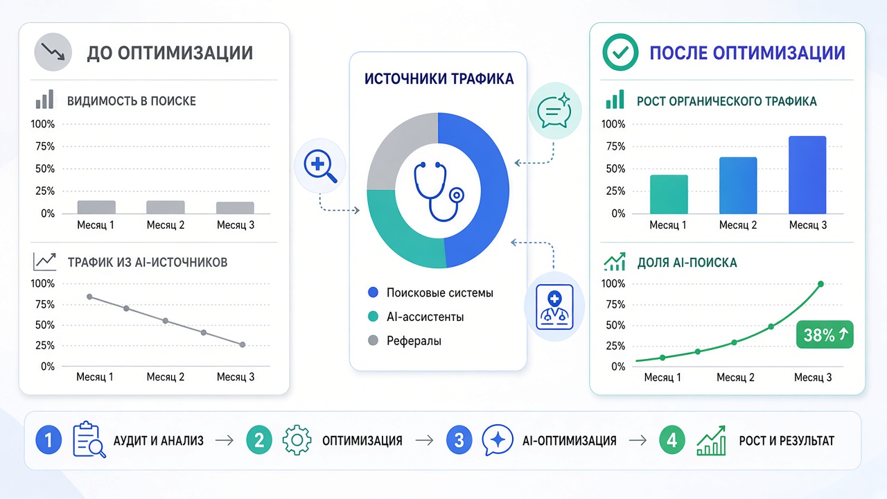 Image #3 — сравнительная таблица-график роста позиций и трафика медицинского сайта до и после комплексной SEO-оптимизации