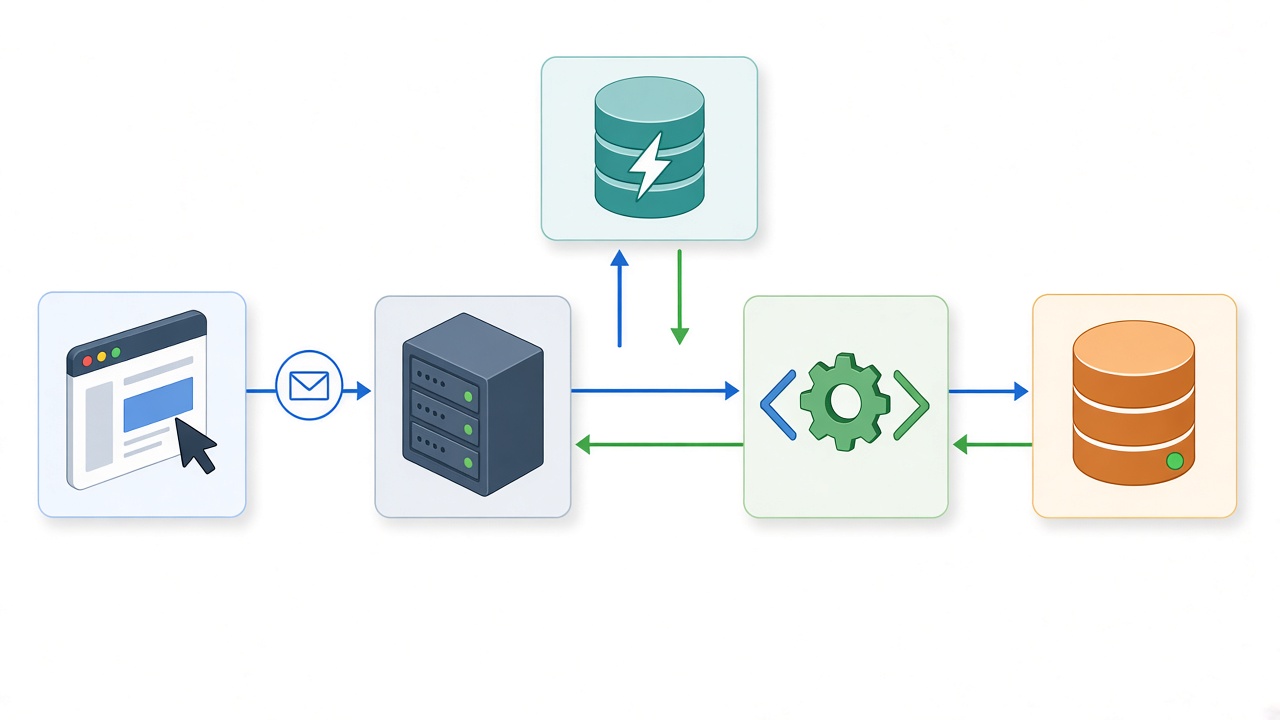 Image #1 — Схема взаимодействия браузера, веб-сервера, backend-приложения, базы данных и кэша в процессе обработки запроса