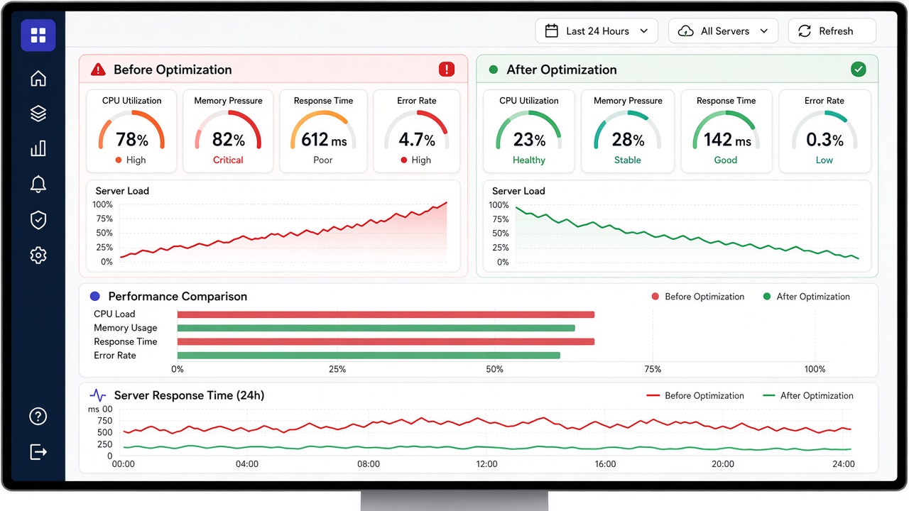Image #4 — Пример дашборда с метриками производительности backend: TTFB, LCP, CLS и нагрузка на сервер до и после оптимизации