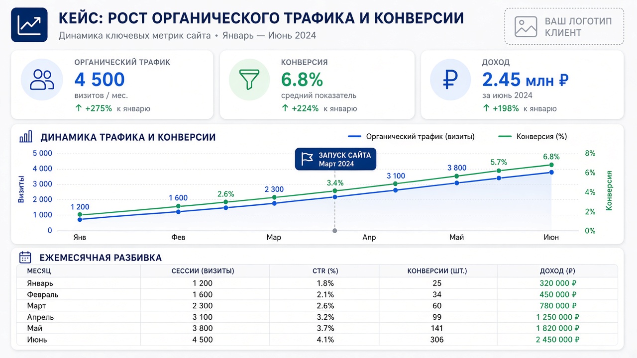 Скриншот кейса с графиком роста органического трафика и конверсии после запуска сайта-визитки
