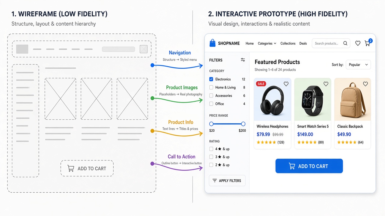 Image #1 — Сравнение низкоуровневого wireframe и интерактивного прототипа одного экрана интернет-магазина, подписанные блоки и стрелки переходов