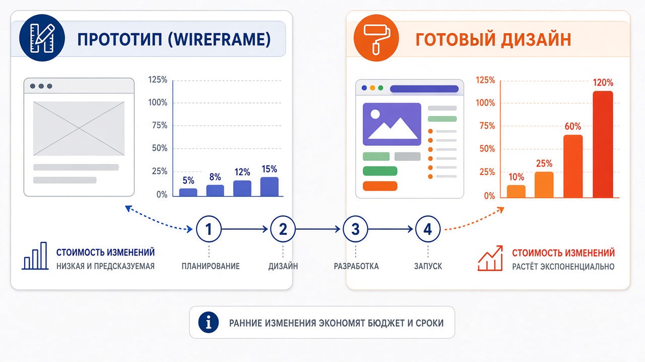Image #3 — Сравнительная таблица «прототип vs сразу дизайн» в виде инфографики с данными о стоимости правок на разных этапах